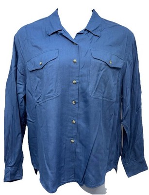 White Stag Women Size L Button-Up Long Sleeve 100% Rayon Top Blue Collar Pockets