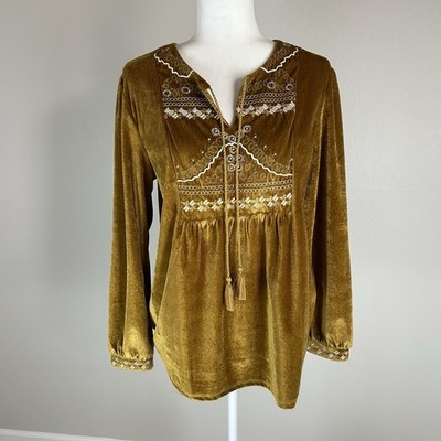 Curations M Gold Yellow Velvet Peasant Top Embroidered Hippie Beaded Grunge