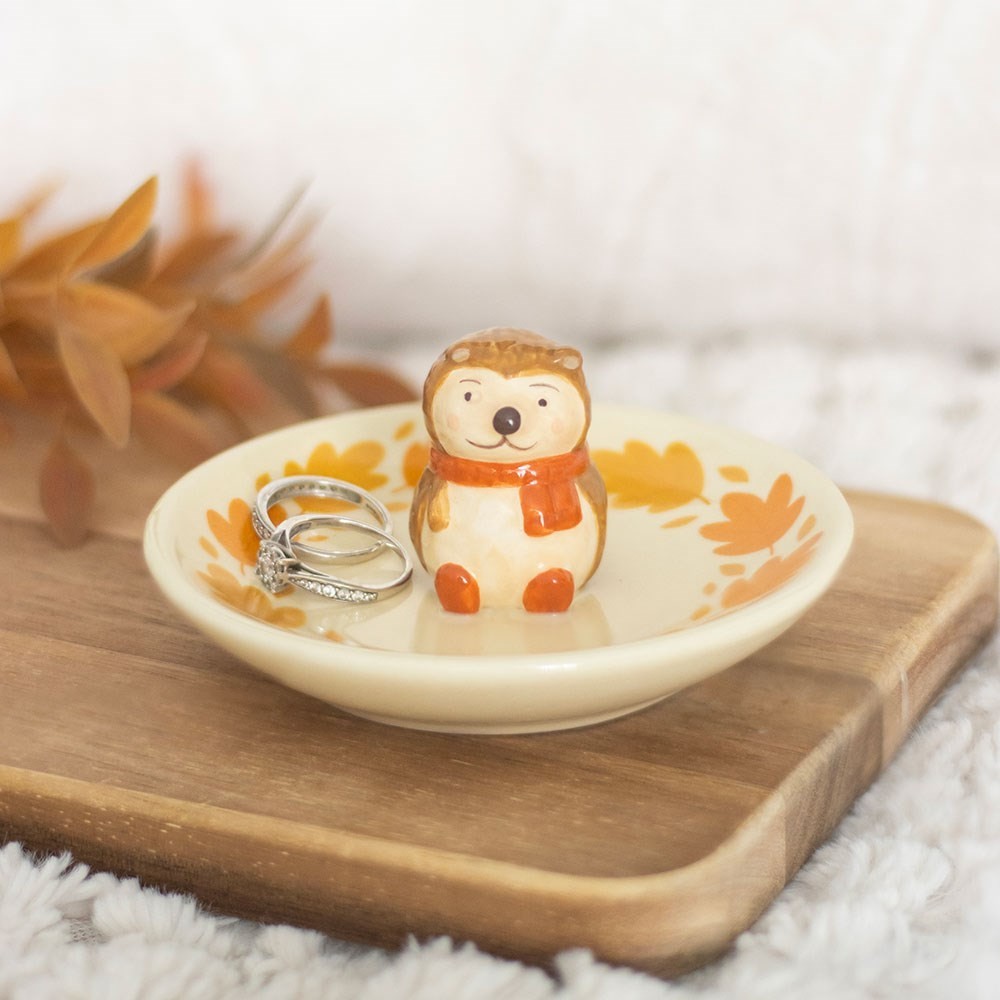 Autumn Hedgehog Ceramic Trinket Dish - Size: 10cm x 10cm x 3cm