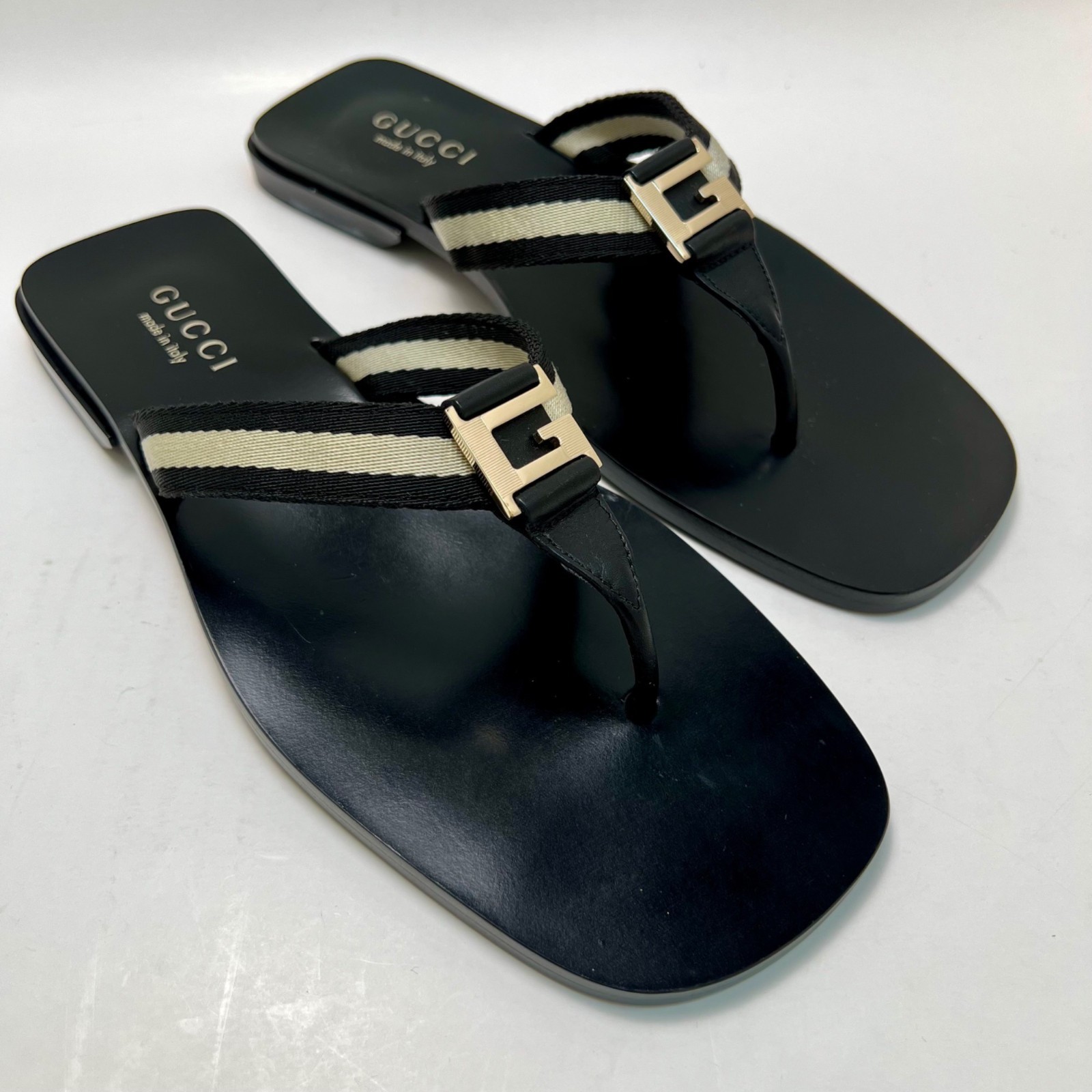 Vintage GUCCI Women's Striped Canvas Sandals With Gold "G" Women's Size 8.5 NEW thumbnail 9