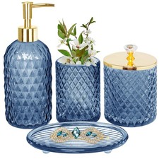 Blue Bathroom Set, 4Pcs Glass Bathroom Accessory Set Complete w/Lotion Soap D...
