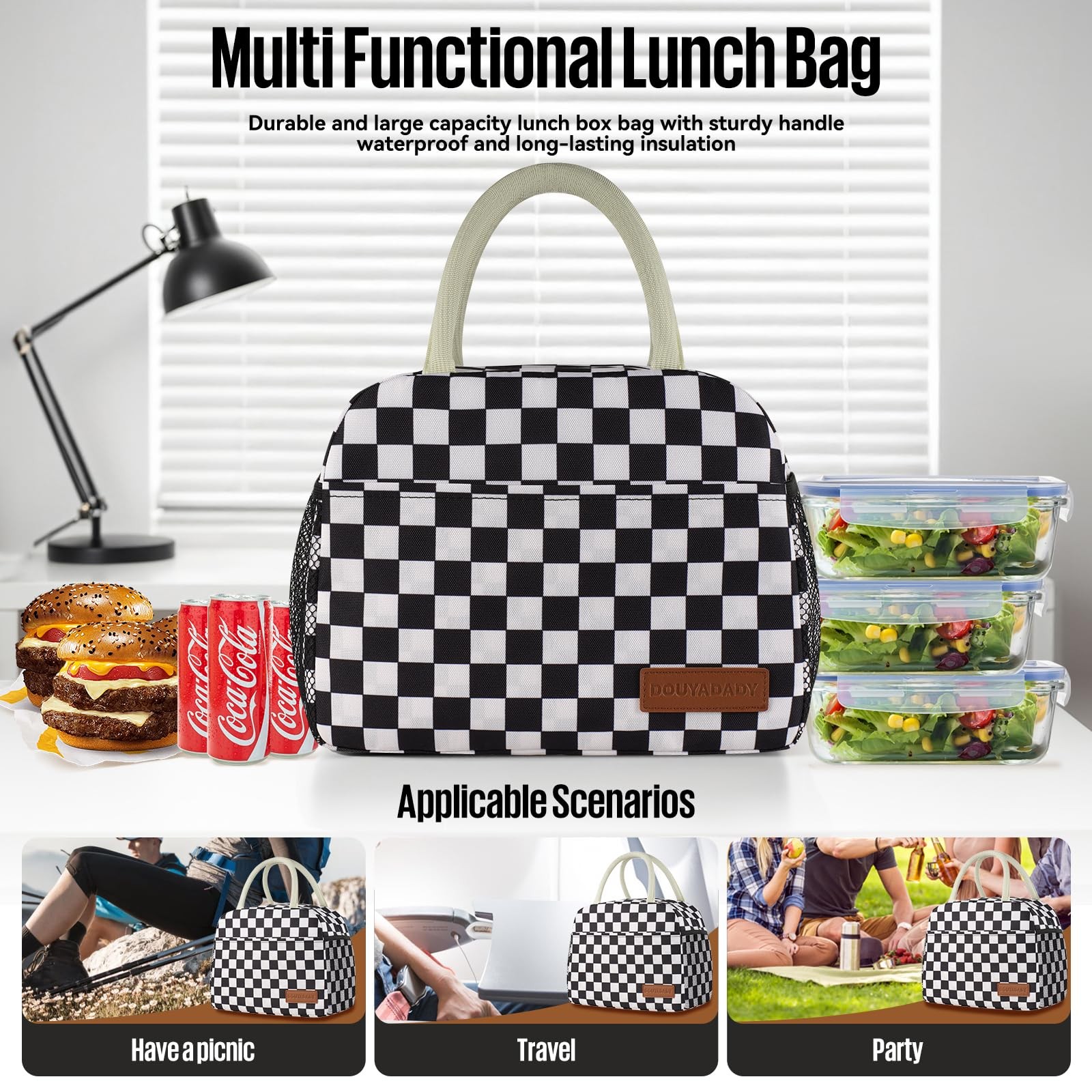 Lunch Bag Women/Men Lunch Box Women/Men Black+White Checkerboard