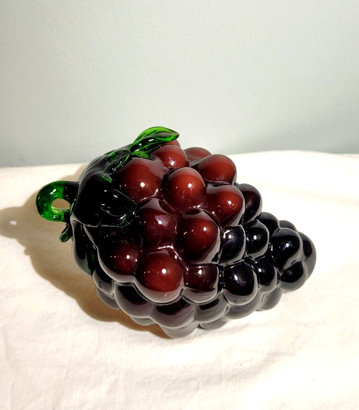 Purple Grapes Cluster Art Glass Green Leaves Vintage MCM Retro Blenko Blown-Mold