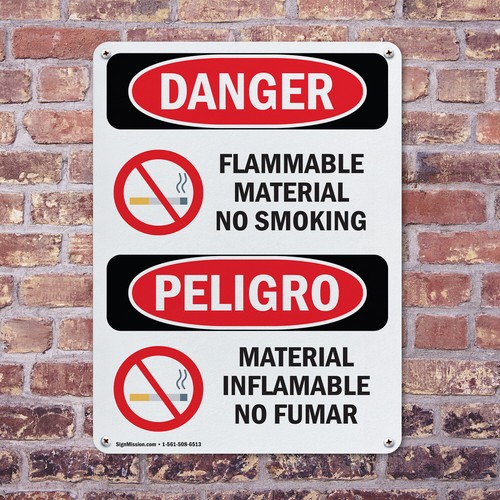 (Paquete de 2) Material Inflamable No Fumar Bilingüe OSHA Peligro Letrero Calcomanía Metal - Imagen 4 de 23