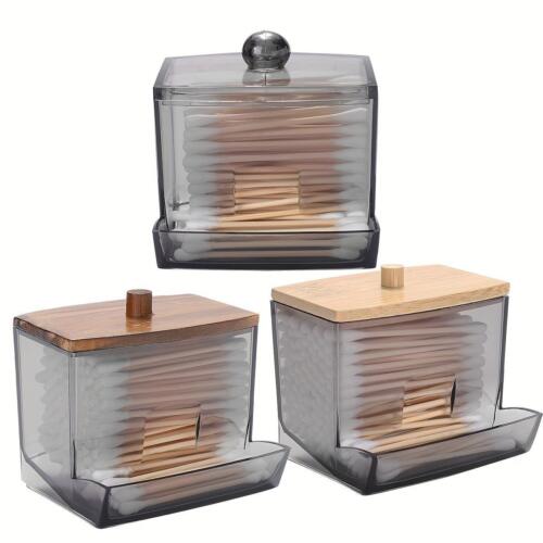Acrylic Cotton Swab Holder with Bamboo Lid, Clear Bathroom Container Dispenser