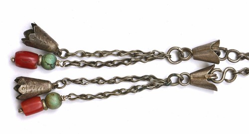 1930's Chinese Sterling Silver White Jade Pendant Coral Turquoise Necklace - Picture 9 of 10