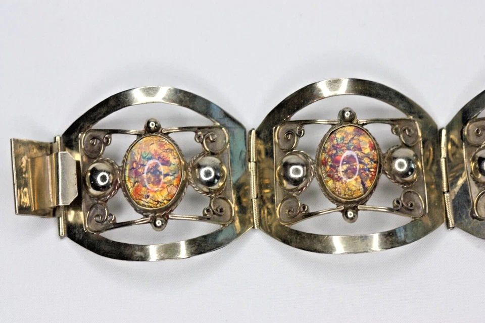 Sterling Silver .925 Taxco Mexico TNC Wide Panel Link Bracelet Foiled Glass Opal - Image 4 of 4