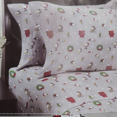 Peanuts Snoopy Holiday Queen Sheets Woodstock Christmas 4 Pc Set Gray Green Red - Picture 8 of 10