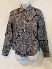 Lauren M Black White Paisley Non Iron Cotton Collar Button Shirt