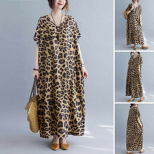 Women Loose Leopard Maxi Dress Summer V-Neck Short Sleeve Casual Beach Sundress