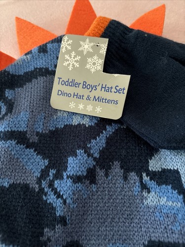 Toddler Boys Dino Hat With Mittens Set, Blue Design /Brand New With Tags - Picture 2 of 6