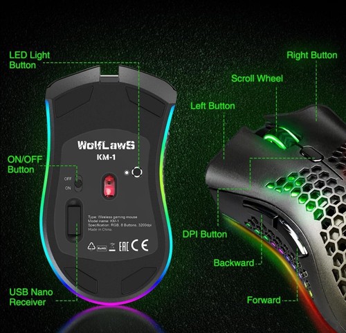 WolfLawS Wireless Gaming Mouse, 2.4G Rechargeable Wireless Mouse Honeycomb RGB - Picture 6 of 6