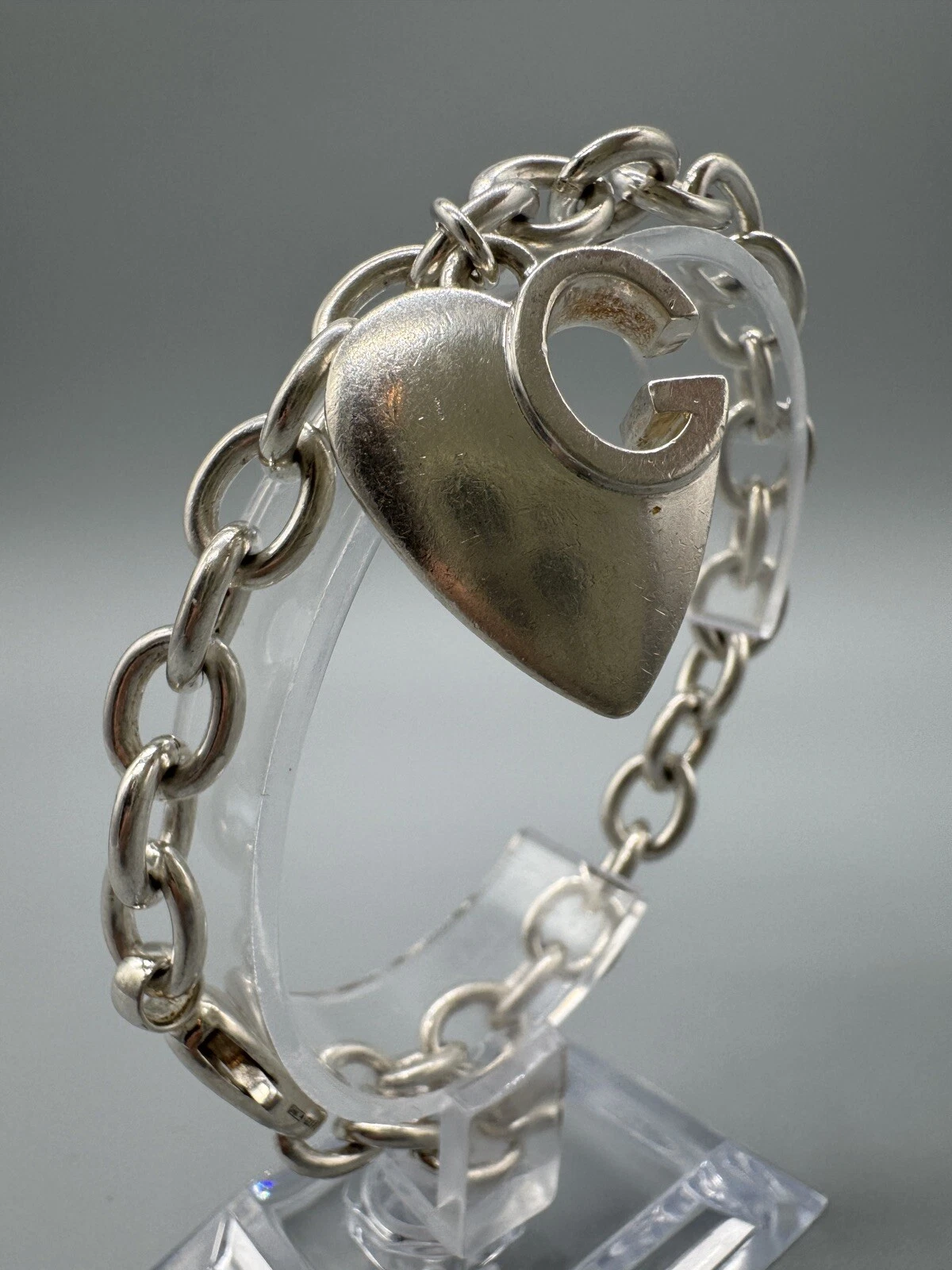 Joli bracelet vintage Gucci en argent sterling 925 lien câble coeur breloque 7,5