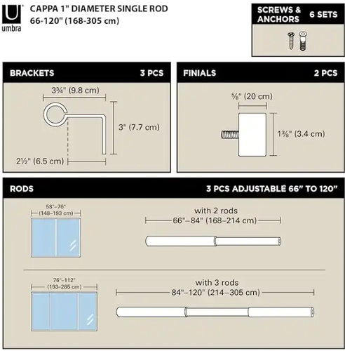 Umbra Curtain Rod, 2 Matching Finials, Brackets & Hardware, 66-120 Inches, Gold - Picture 3 of 5
