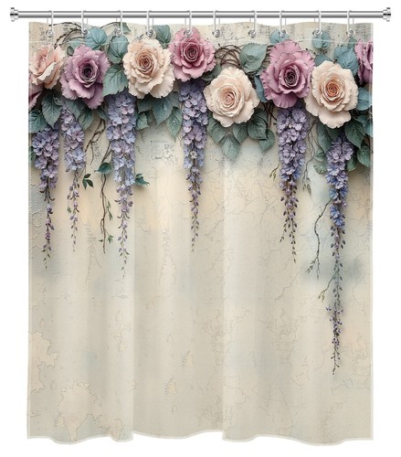 Juego de accesorios de baño cortina de ducha floral púrpura vintage hoja verde primavera - Imagen 21 de 22