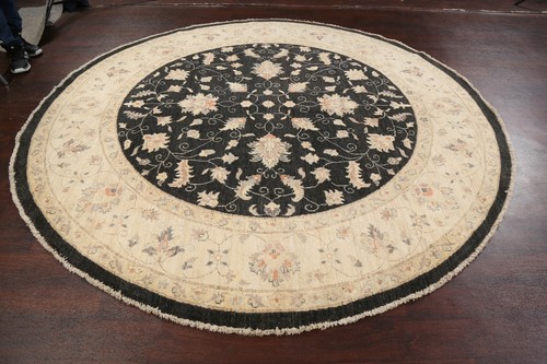 BLACK/BEIGE All-Over Floral 8 ft. Round Peshawar-Chobi Oriental Rug Hand-knotted - Picture 9 of 12