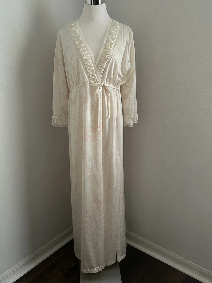 Lencería vintage años 70 JCPenney conjunto de 2 piezas marfil floral nailon camisón/bata-M Foto 2 de 4