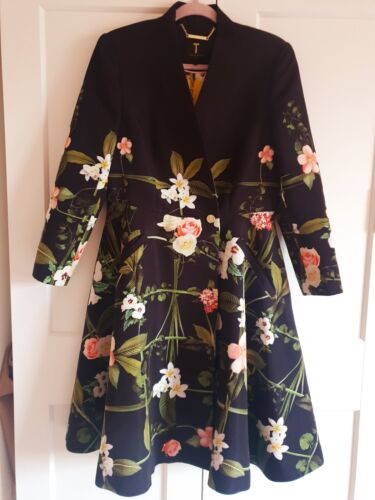 New Ted Baker Secret Trellis Black Textured Floral Satin Dress Coat UK 10 TB 2 - Picture 11 of 24