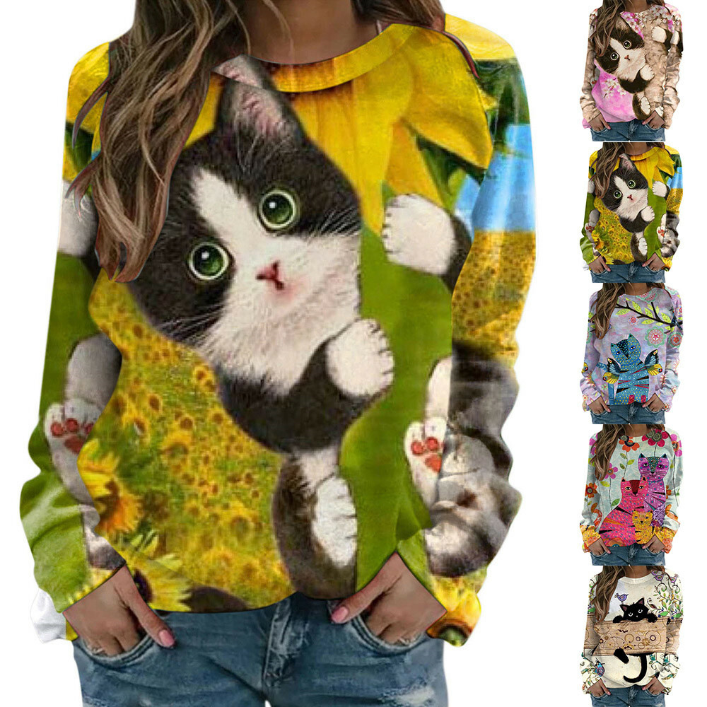 Women Long Sleeve Crew Neck Cat Print T Shirt Tee Loose Tunic Casual Top Blouse