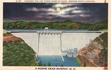 Postcard NC Hiwassee Dam and Power House by Night Linen Vintage PC K7140