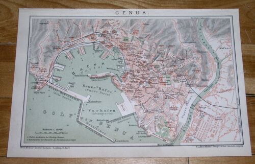 1900 ORIGINAL ANTIQUE CITY MAP OF GENOA / GENOVA / LIGURIA ITALY