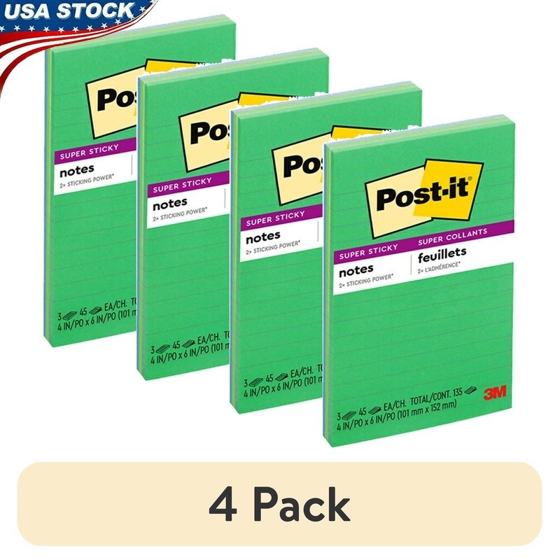Super Sticky 4x6 Lined Memo Pads 4-Pack High Adhesion Notes-image