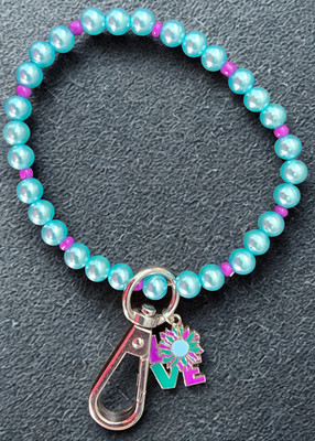 Handmade Beaded Keychain Bracelet Wristlet-Teal Pearl w/Purple-Charm-SA..10% OFF
