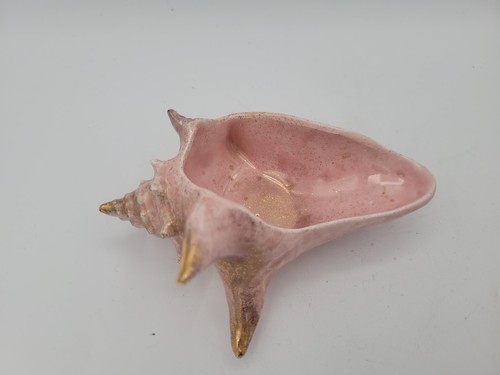 Vintage Deco Regency Ceramic Conch Shell Trinket Bowl Ashtray Pink Gold Seashell - Picture 3 of 5