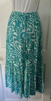 True Destinations Size Small Rayon Wide Leg Boho Tassel Pants in Teal/White EUC