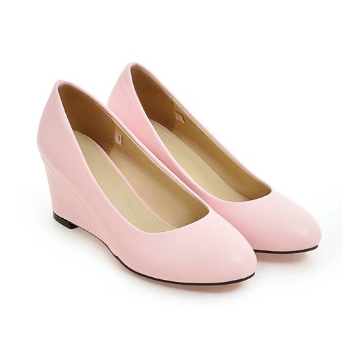 Women's Wedge High Heel Pumps Round Toe Slip On Office Work Versatile Shoes - Picture 4 of 17