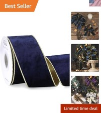Navy Velvet Wired Ribbon 2.5 Inch Metallic Navy Blue Gold Crushed Velvet Chri...