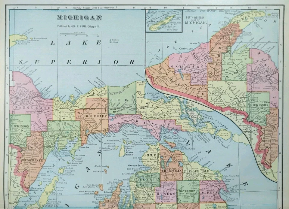 Vintage 1902 MICHIGAN Map 14"x22" ~ Old Antique Original CADILLAC LANSING MI - Image 2 of 4