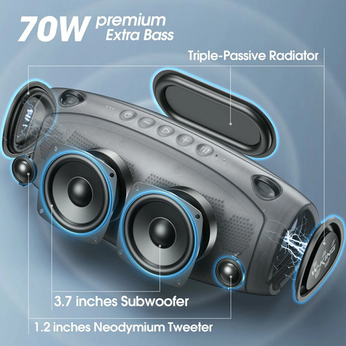 70W Waterproof Portable Loud Bluetooth Speaker,Wireless Outdoor Subwoofer Triple - Picture 2 of 6