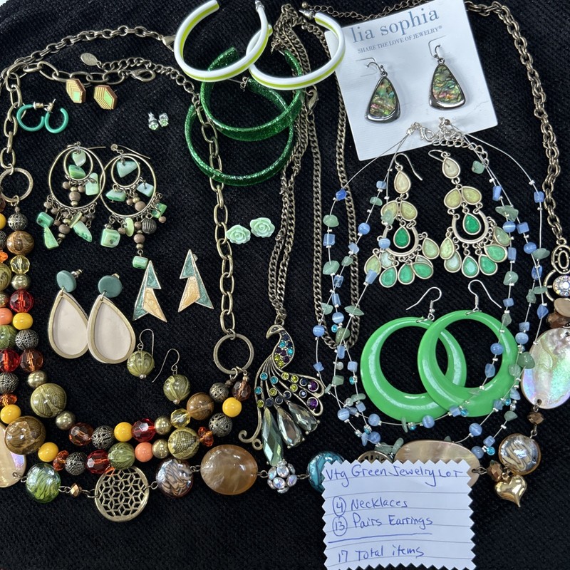 Vtg/now Green Tone Costume Jewelry Lot of 17: Necklaces + Earrings