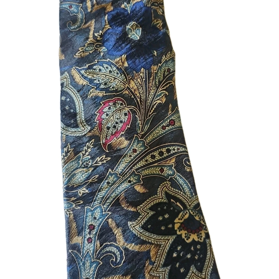 Corbata Karl Lagerfeld Para Hombres 100% Seda ITALIA Floral Geométrica Azul Dorado Rojo Corbata Foto 4 de 4
