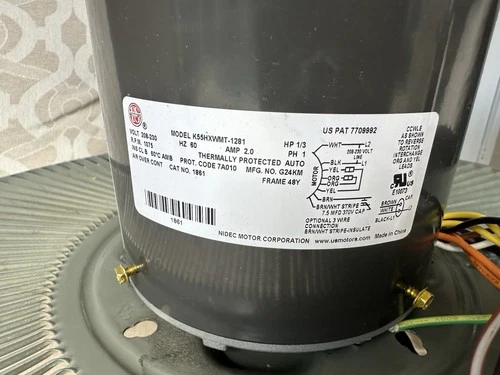 Condenser Fan Motor 1/3 HP, 1075 RPM, 208-230 V, 48Y US Motors Emerson