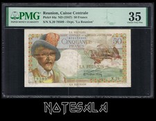 REUNION 50 FRANCS ND (1947) Pick-44a VF- PMG 35 S/N X.29 79509