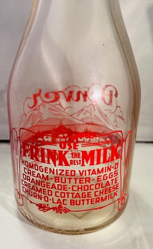 Frink Dairy 1 Qt Bottiglia di Latte Rosso Pyro Grafica Collo Hobnail Denver Co Vintage - Foto 4 di 8