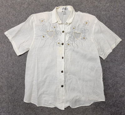 Vintage Interview Womens White Shirt Top Size M 100% Linen Embroidered has flaw
