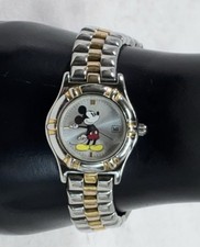 Mickey Mouse Two Tone Stainless Steel Watch Date Window Analog 27mm New Battery
