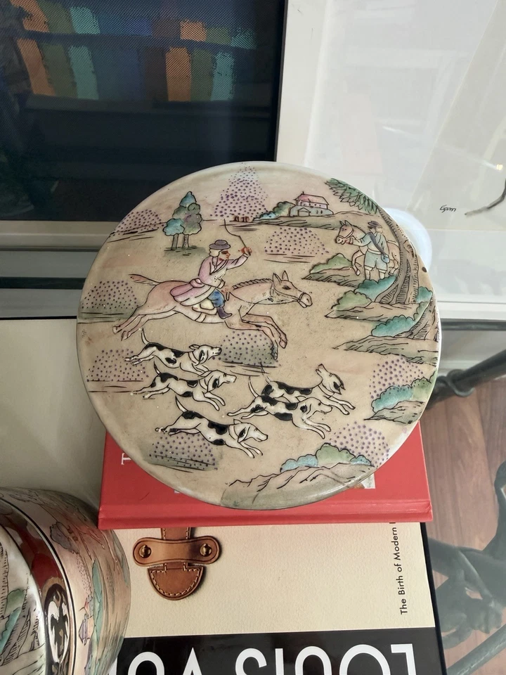 Par de tarros de té chinos antiguos tarro de jengibre diseño de caza de caballo y perro/zorro Foto 3 de 4