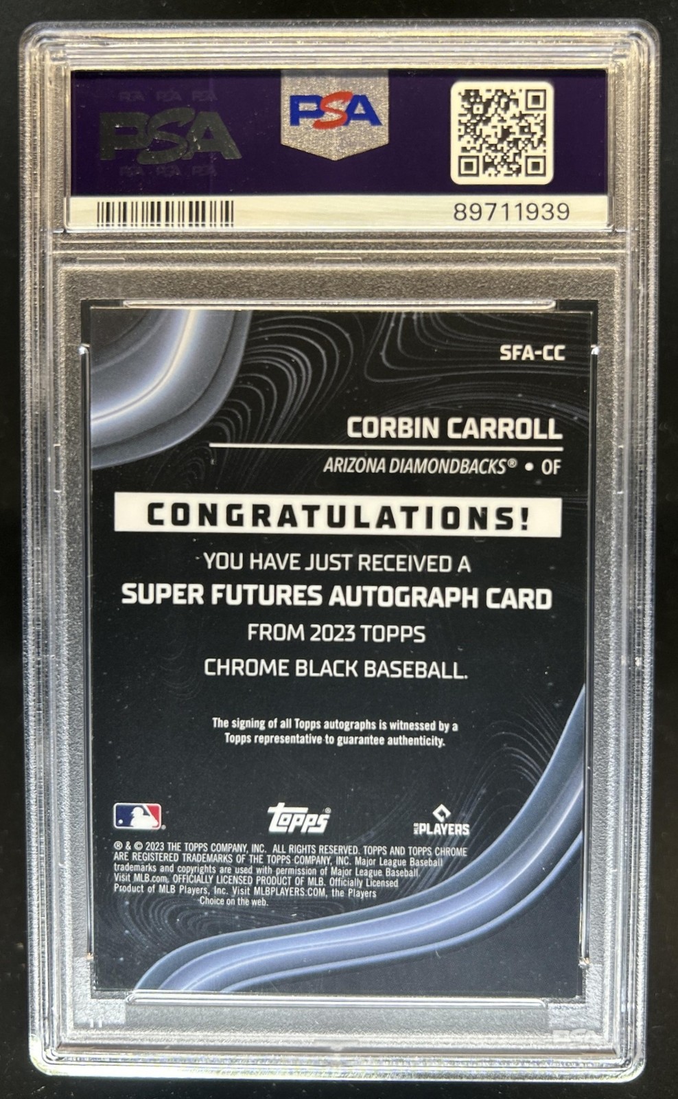 2023 Topps Chrome Black Corbin Carroll Futures Auto Gold Refractor RC #/50 PSA 9 view 2