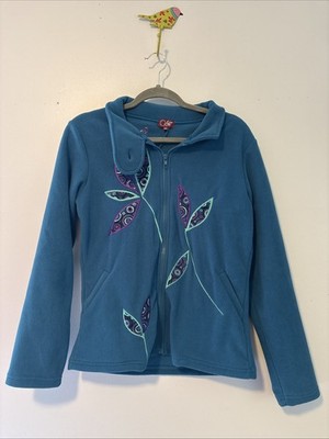 Coline Teal Embroidered Floral Fleece Full Zip Jacket. Size Medium