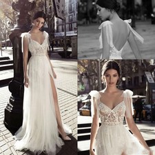 Beach Wedding Dress Spaghetti Straps Lace Applique Thigh High Slits Bridal Gowns