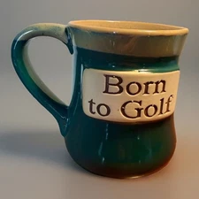 Tumbleweed Pottery “Born to Golf” Coffee Mug Green Tan Drip Glaze XL 18 oz.