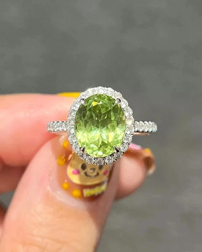 14K White Gold Oval 3.60 Ct Natural Peridot Diamond Bridal Wedding Ring Solid - Image 4 of 4