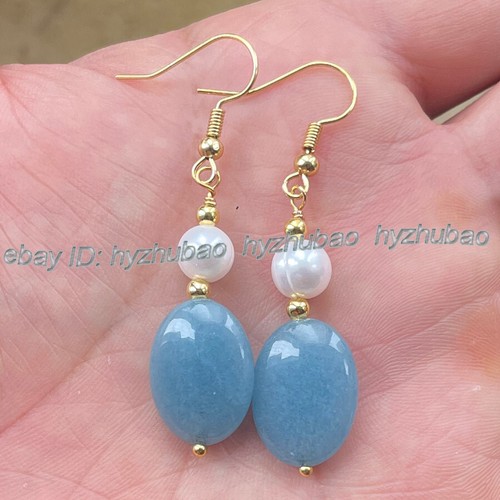 Pendientes Gancho Oro Perla Blanca Gemas Aguamarina Azul Ovalado 13x18mm + Collar 18" - Imagen 3 de 5