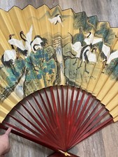 Vintage 70  X 41  Japanese Painted Wall Fan With Cranes SIGNED Chinoiserie Decor