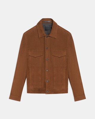 Theory Men Lamb Leather Button Down Brown River Trucker Suede  display picture 1