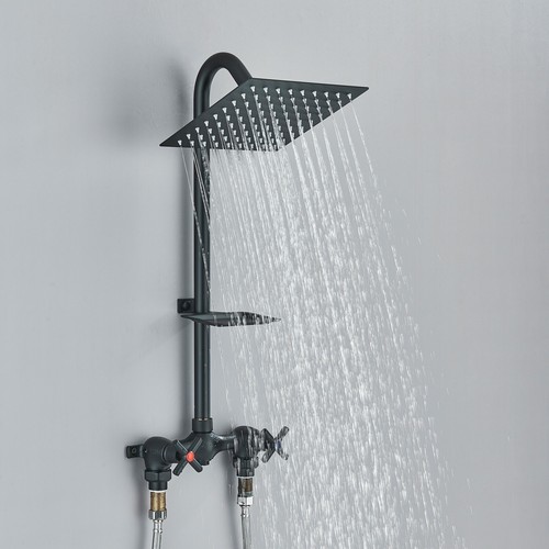 Matte Black Outdoor Shower System Rain Shower 2 Handle Faucet Kit With Soap Dish - Picture 2 of 11